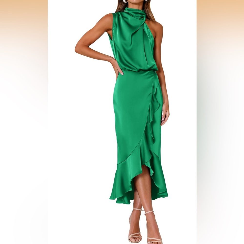 Mock Neck Wedding Guest Cocktail Midi Dress Sleeveless Wrap Ruffle Formal Dress